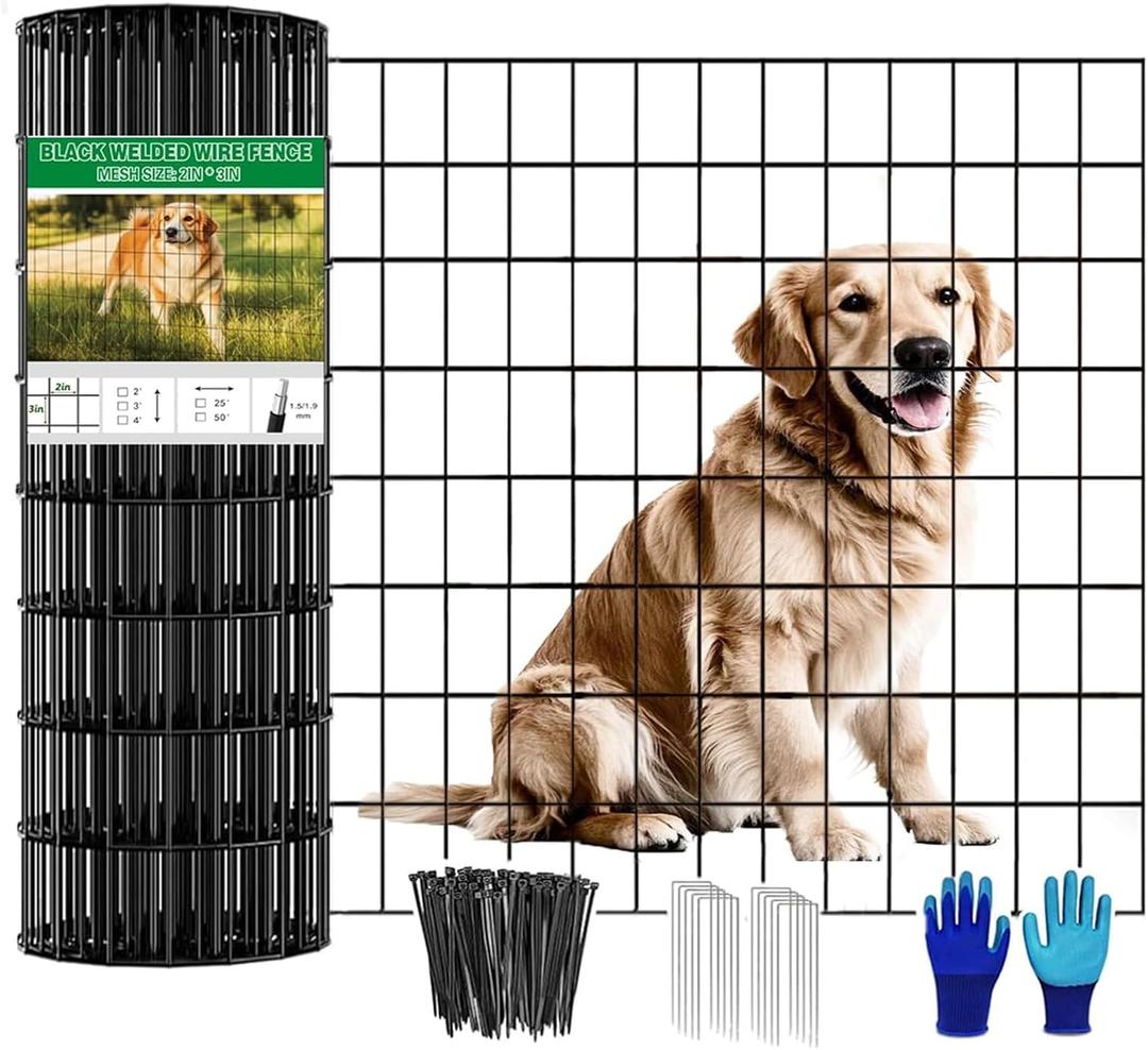 Welded Wire Fence 24inch x 50ft, Black PVC Coated Garden Fencing, 2 inch x 3inch 16Gauge Chicken Wire Fence Roll, Anti-Rust Metal Fencing for Yard Plant Protection Poultry Netting