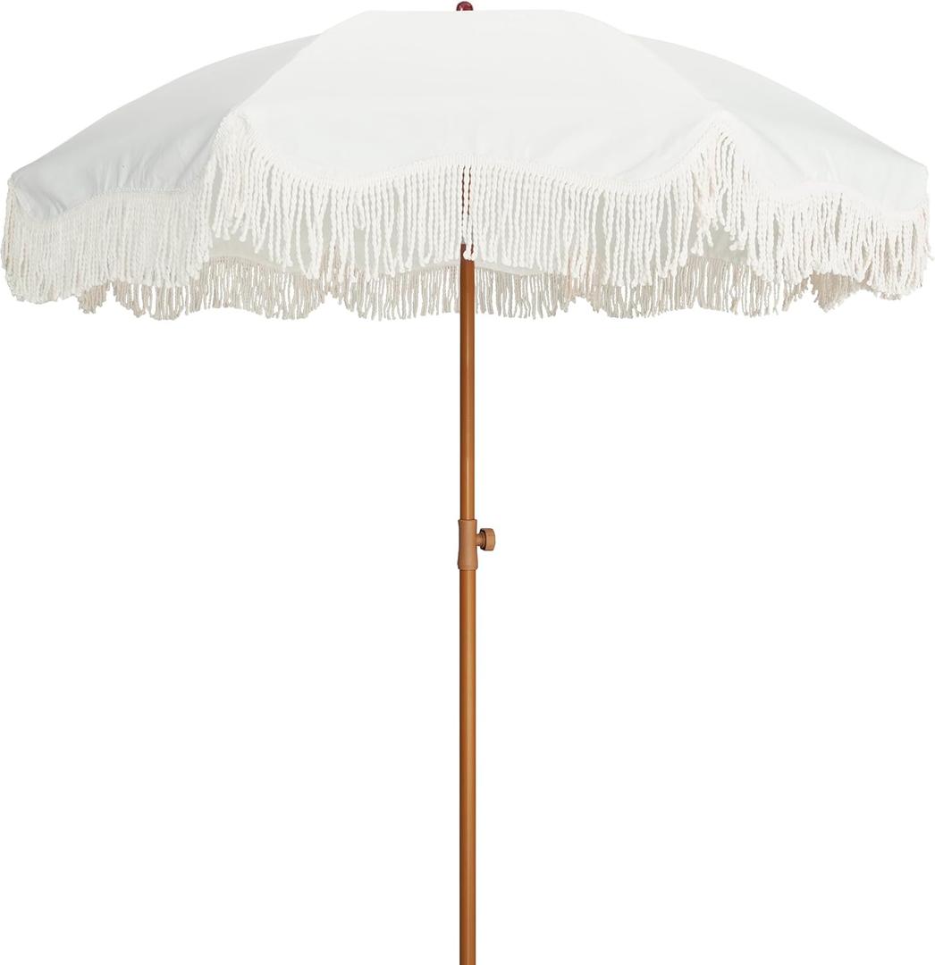 AMMSUN Boho Fringe Umbrella Outdoor Patio, 6.5ft UPF50+ Picnic Umbrella with Tassels with Steel Pole and Push Button Tilt, Antique White