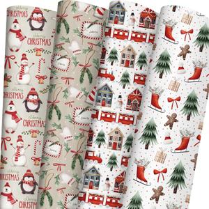 WAPLIGHAL Christmas Wrapping Paper for Kids - Xmas Wrapping Paper Set with Watercolor Santa, Polar Bears, Trains, Gingerbread Holiday Designs - 6 Jumbo Sheets, Each 28 x 40 Inches, Easy Storage