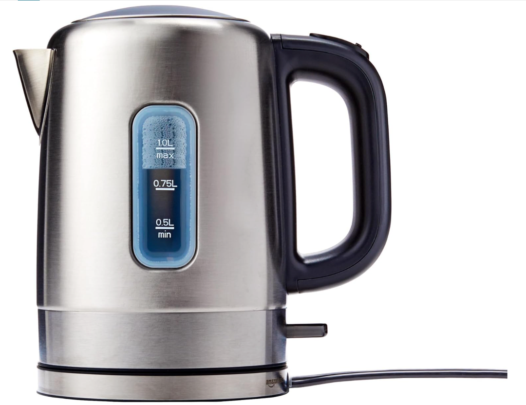 Basics Electric Stainless Steel Kettle for Tea and Coffee, BPAFree, Fast Boiling, Auto ShutOff, 1 Liter, 1500W, Black and Silver
