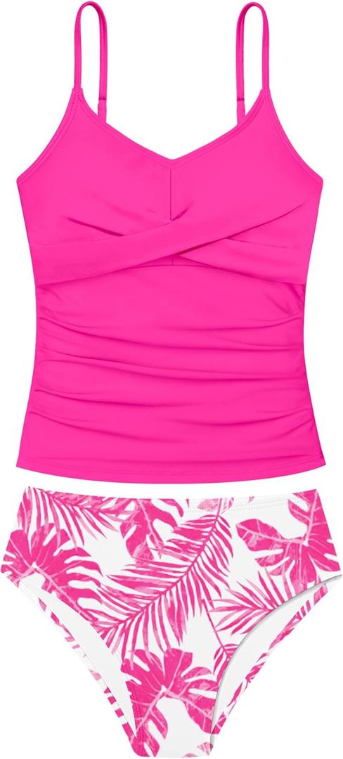 Girls Swimsuit 2 Piece Bathing Suit Criss Cross Ruched Girl Tankini Sets Printed Girls' Swimwear for 9-18 Years (15-16 Years, Pink)