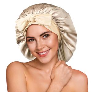 YFONG 100% 22 Momme Mulberry Silk Bonnet for Sleeping Women, Larger Double Layer Silk Hair Wrap for Curly Short Long Hair, Non-Slip Sleep Cap Turban with Elastic Tie Band for Hair Care, Champagne