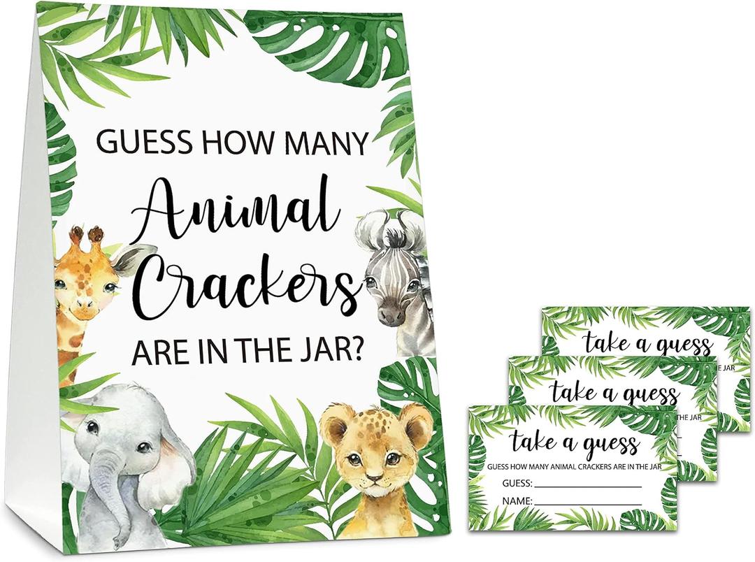 ISOVF Guess How Many Animal Crackers Baby Shower Game, Jungle Animal, Safari Theme Baby Shower Game - 1 Standing Sign and 50 Cards for Gender Neutral-LK-D05
