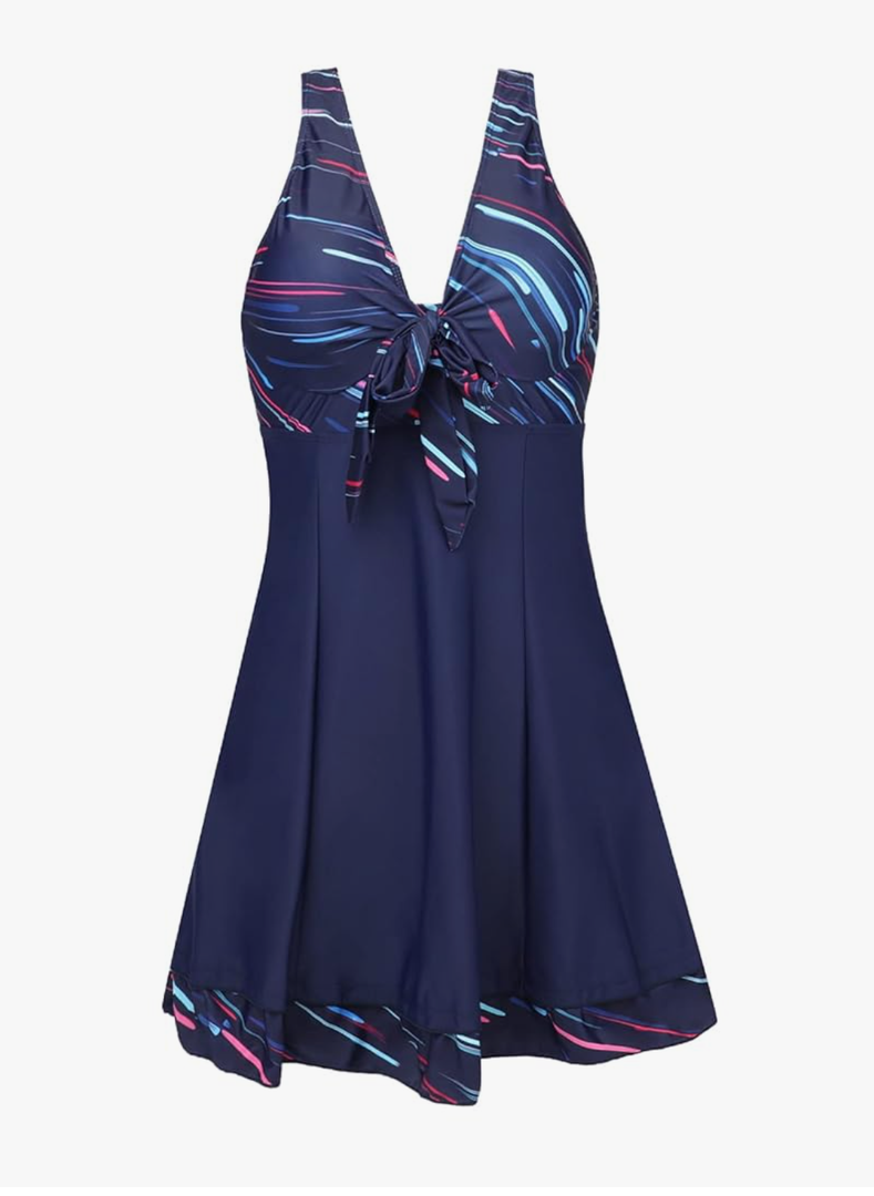 MiYang Women's One Piece High Waist Printing Swim Dress Padded Swimwear, XXL, Dark Blue
