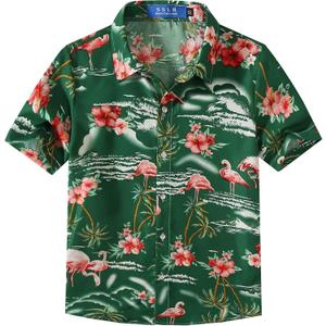 2 x SSLR Big Boys Hawaiian Shirt, Kids Hawaiian Shirt, Flamingos Shirt Short Sleeve Luau Shirt for Kids