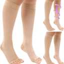 Shellwei 3 Pairs Sheer Compression Socks for Women 20-30mmHg Open Toe Support, Toeless Support Knee High Stockings(Large)