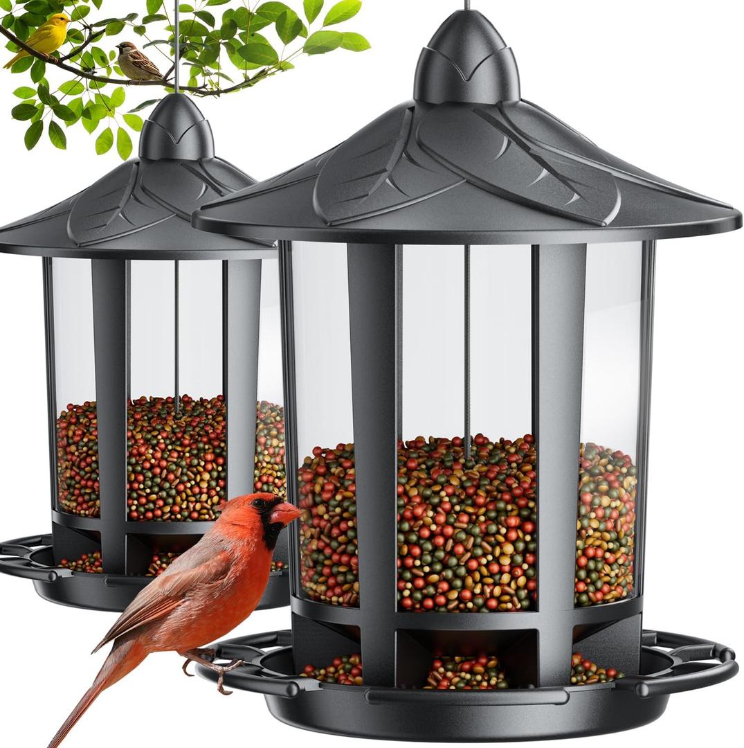 Birdream 2 Pack Bird Feeders for Outdoor Hanging, Assembly Required, 1Min Easy Setup, Charming Castle Design, Attracting Cardinals Chickadees Goldfinches & Sparrows  Black