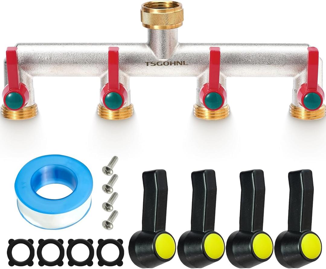 Brass Garden Hose Splitter Outdoor Frostproof Faucet Splitter 4-Wayheavy Rustproof Faucet Manifold, Silver, T-4-4