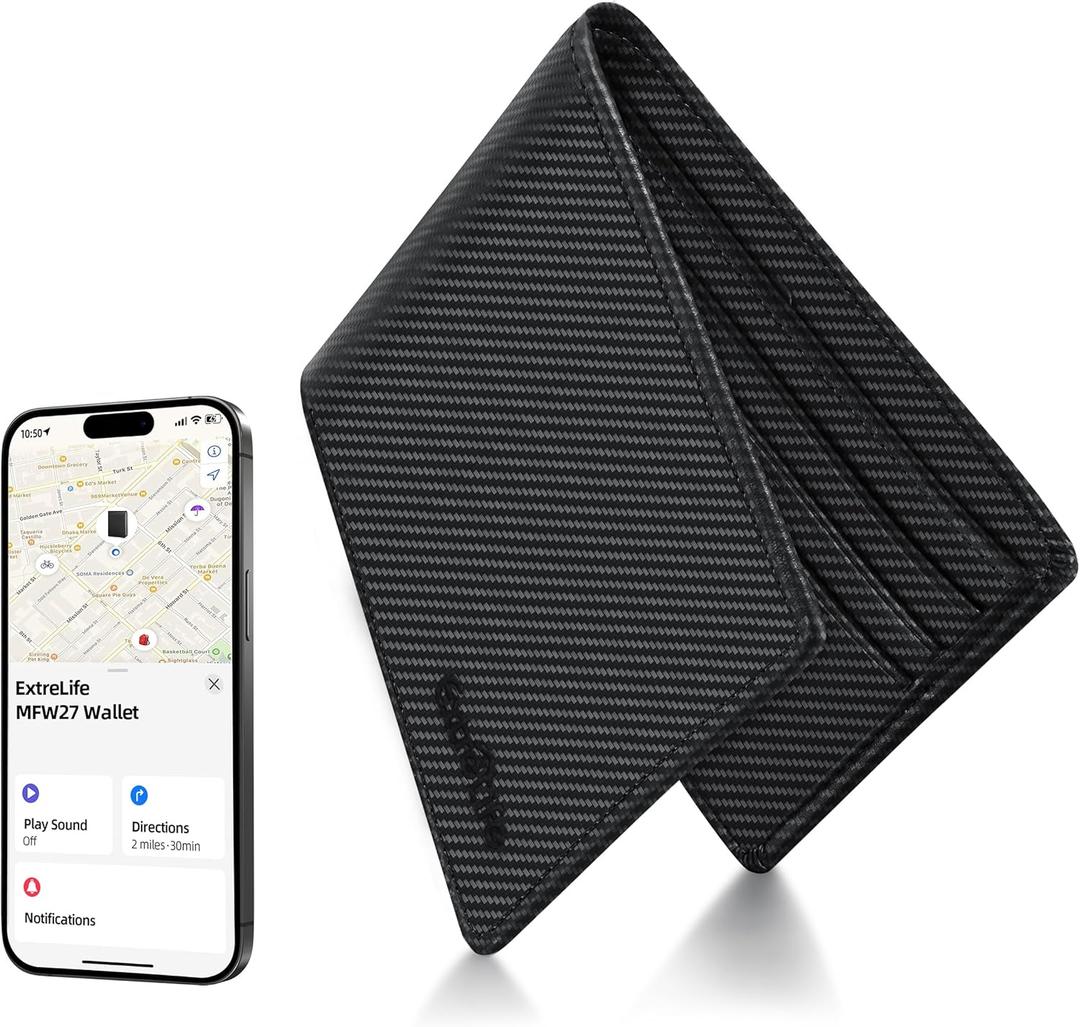 Wallet for Men, Built-in Bluetooth Tracker with Apple Find My (iOS Only), RFID Blocking Bifold Mens Air Tag Wallet with GPS Tracker, Rechargeable Wallets Finder, Gift for Him, Carbon Black