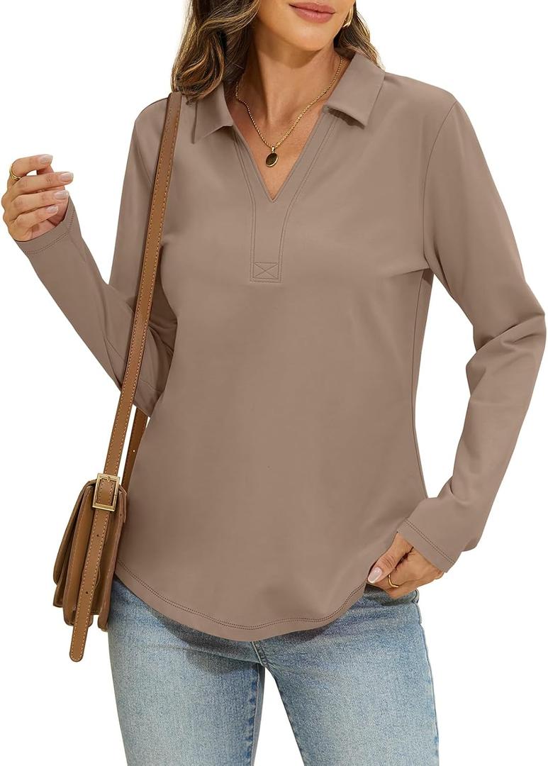 Womens Cotton Long Sleeve Polo Shirts Business Casual V Neck Collared Tops Loose Fit Work Blouses Fall Outfits 2025 (Small, Khaki)