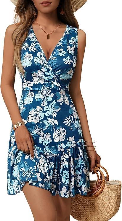 FENSACE Women's Summer Sleveless Sexy Wrap V Neck Floral Sundress Mini Dress, Small 