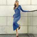 YOXUA Women Elegant Casual Long Sleeve Sexy Bodycon Lounge Temperament Crewneck Maxi Dress (Blue, Large)