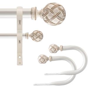 Ycolnaefllr 1 Inch Diameter Double Curtain Rod Set for Windows Double Window Treatment Curtain Rod Heavy Duty Adjustable from 120 to 170 Inch, Resin Finials with Curtain Holdbacks,Weathered White