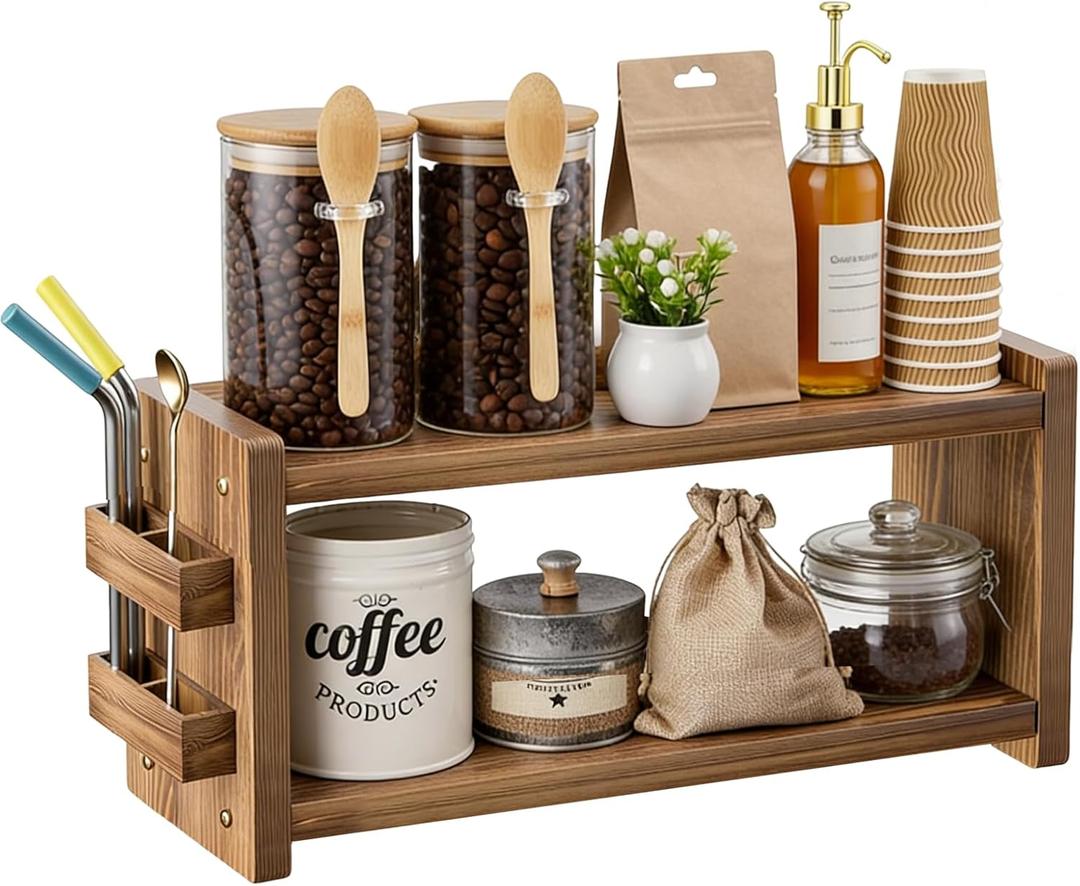 Solid Wood Coffee and Matcha Station Organizer for Home Kitchen Office Countertop - 2 Tier Shelf Organizer with Straw Holder for Matcha, Pods, Sugar, Tea, Cups, Stirrers, Mugs Storage