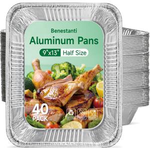 Benestanti 9x13 Inch Aluminum Pans - 40 Pack, Heavy Duty Half Size Disposable Aluminum Foil Pans,Deep Baking Pans for Cooking,Roasting Turkey, Parties, Christmas, and Steam Tables