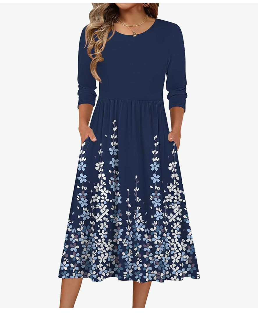 Zeagoo 3/4 Sleeve Women's Dress Casual Flowy A-Line Midi T-shirt Dresses with Pockets Crewneck Vocation Boho Beach Sundress, XL