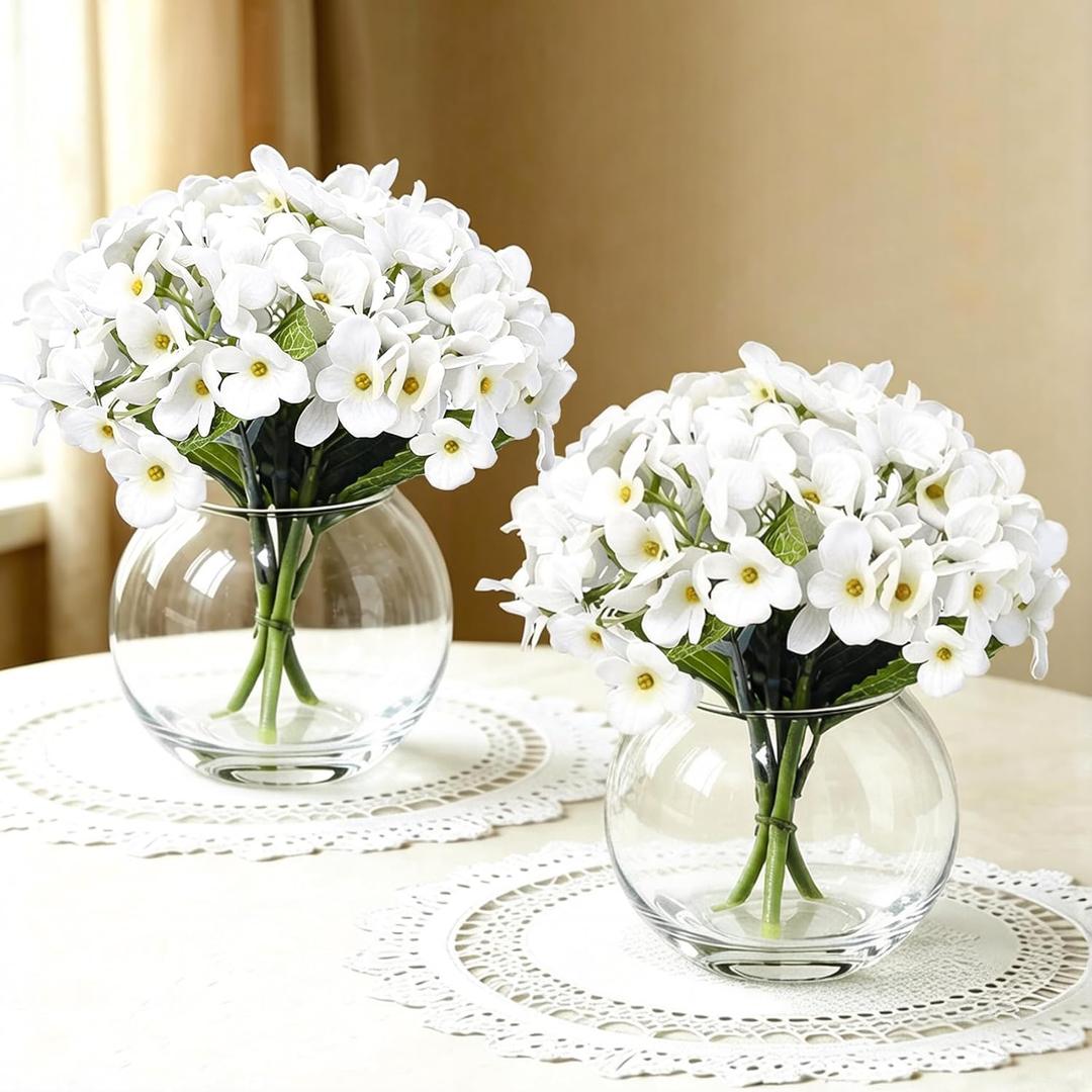 2 Pcs Hydrangea Artificial Flowers - Fake Flowers Real Touch Floral Arrangement with Faux Water in Glass Vase, Home, Bathroom and Office Table Centerpiece Decor（White）