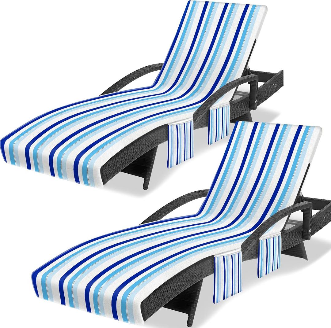 Lounge Chair Towel Cover, Chaise Lounge Covers (Pack of 2), Striped Lounge Chair Towels with Fitted Top Pocket for Pool, Beach,Vacation Travel, 85 x 30 in, Striped Blue White Black