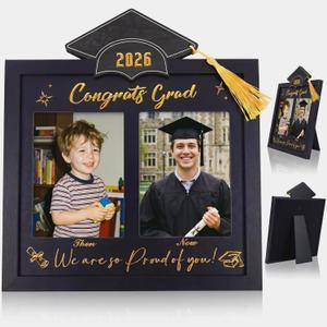 Wenqik Then and Now Graduation Picture Frame Double 5x7 Photo Frame Class of 2026 Graduation Gifts for Son Daughter High School College Graduates Wooden Photoframe Graduate Keepsake(Gold,Grad Cap)