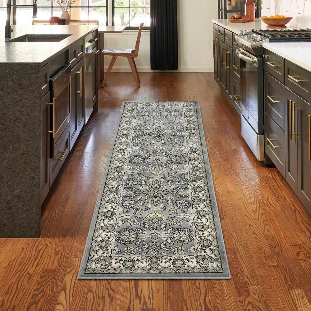 SUPERIOR Elegant Lille Collection Area Rug, 8mm Pile Height with Jute Backing, Beautiful Chic Bordered Rug Design, Anti-Static, Water-Repellent Rugs - 2ft 7in x 8ft , Cream