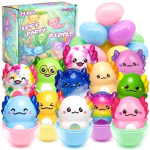 24 Pack Prefilled Easter Eggs with Squishy Toys Axolotl Slow Rising Squishy Toys Easter Eggs Filled for Kids Easter Basket Stuffers Party Favors