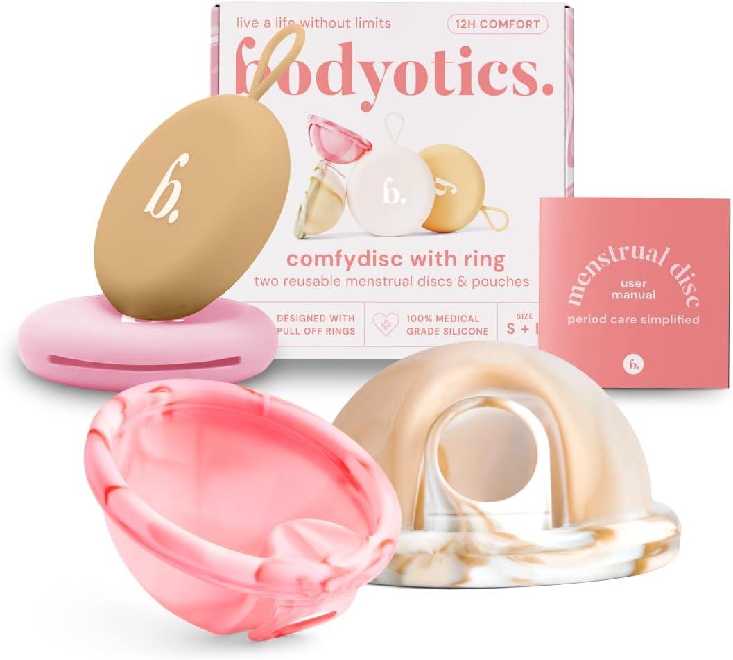 Menstrual Disc Reusable, 2-Pack Size S & L - Softer Than Menstrual Cups and Can Be Used Intimate Moments - Comfort-Fit Period Disc Set with 12 Hr Wear - 100% Medical Grade Silicone 
(Beige and Light Pink)