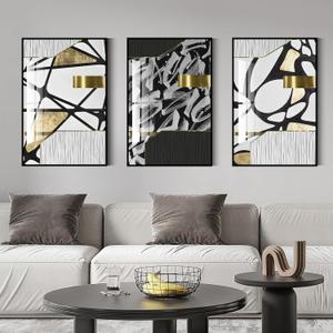 QKF bright abstract geometric wall decoration, modern minimalist black and white wall art, suitable for bedroom, living room, bathroom, office, home poster printing 16 "X 24" inch 3-piece set
