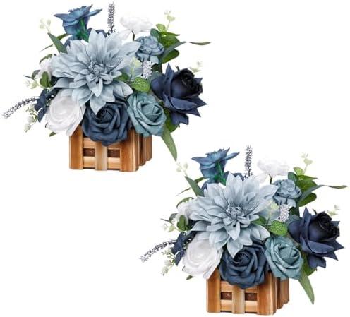 TINGE TIME Wedding Centerpiece Flower with Basket, Set of 2 Large Artificial Flowers Floral Arrangement for Tabletop Mantel Archway Aisle (Dustyblue)
