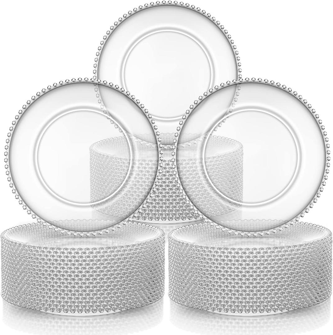 Hoolerry 50 Pcs Clear Charger Plates Bulk 13 Inch Plastic Round Dinner Plate with Beaded Rim Acrylic Round Plates Decorative Charger Service for Home Birthday Wedding Party Events Table Decor