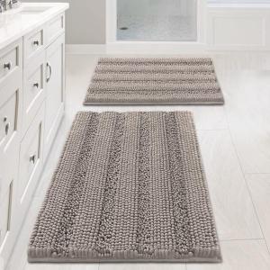 Non Slip Thick Shaggy Chenille Bathroom Rug Mat Set Extra Soft and Absorbent Striped Floor Rugs, 2 Piece, Machine-Washable (Taupe)