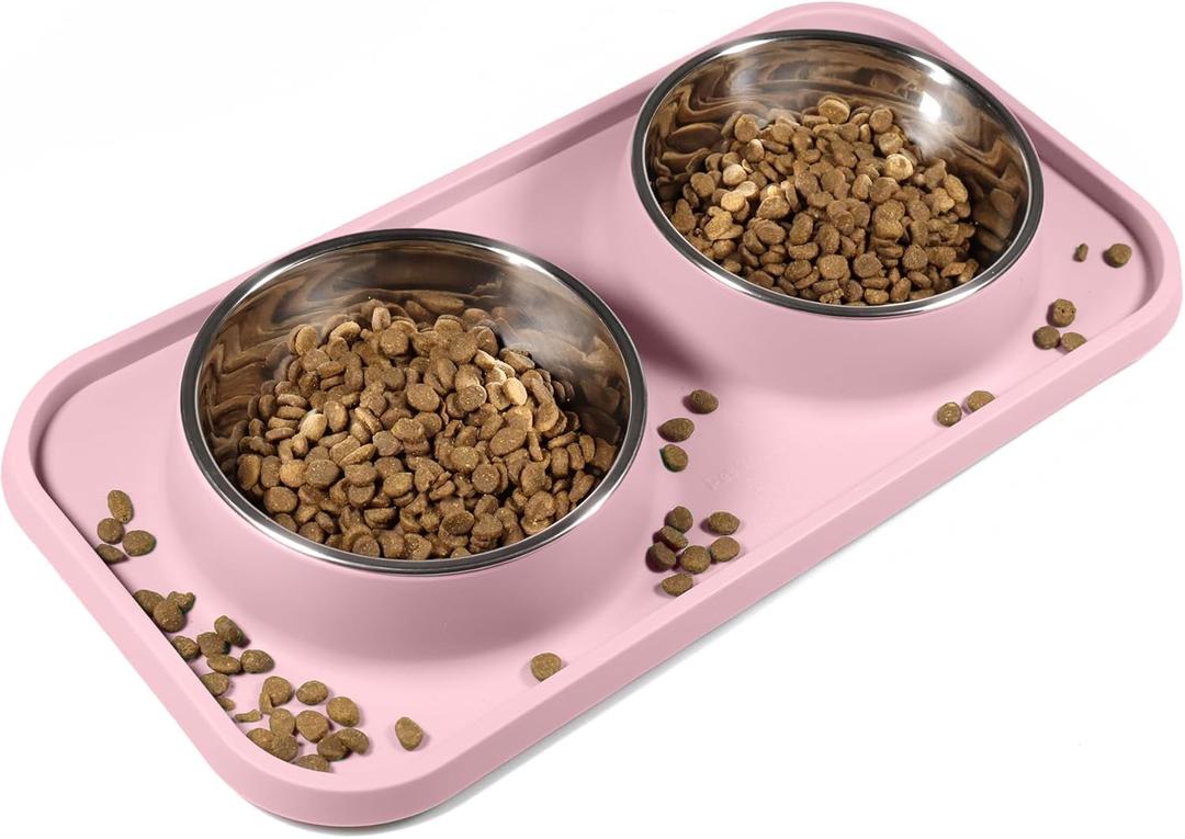 Cat Food Bowls, Cat Bowls Non-Skid and Non-Spill Silicone Pads with PP Stand, Removable Stainless Steel Food and Water Dishes for Cats, Small Size Dogs (Pink)
