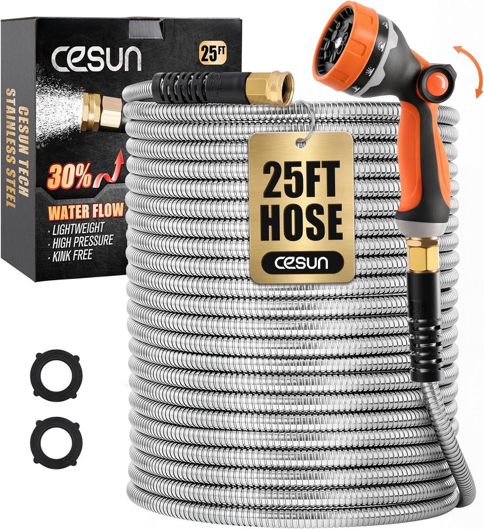 Cesun 25 ft Metal Garden Hose, Stainless Steel Heavy Duty Water Hose With 10 Function Nozzle, No Kink & Flexible, Lightweight and Durable, Rust Proof for Yard, RV, Pet Bath, Outdoor, 25 foot x 5/8"