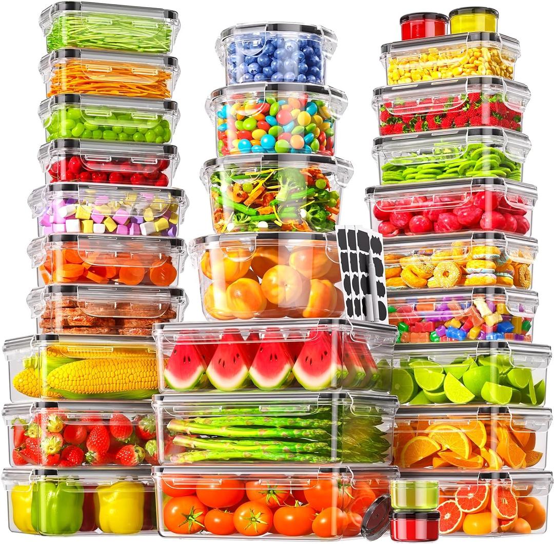 60 PCS Food Storage Containers with Lids Airtight, (30 Lids & 30 Containers) Leak proof Containers Set for Kitchen, Meal Prep, BPA-Free, PVC-Free Plastic, Microwave/Dishwasher Safe, Extra Labels & Pen