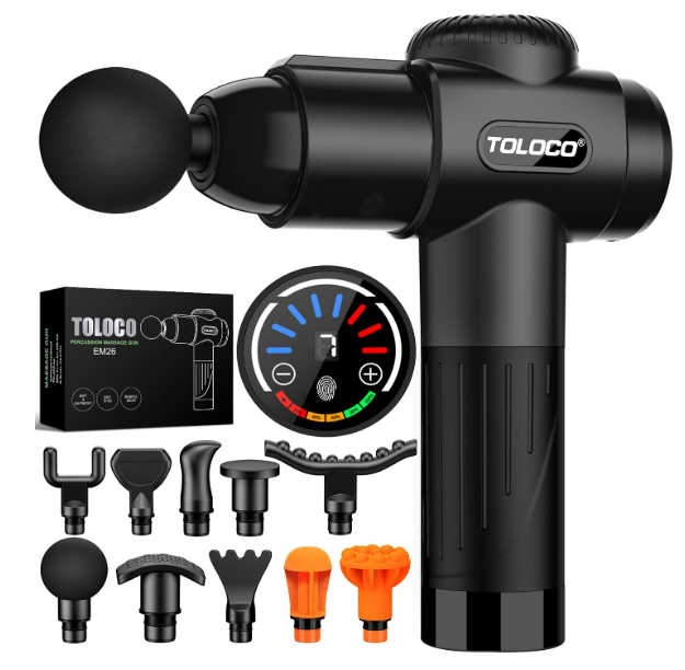 TOLOCO Massage Gun, Deep Tissue Back Massage for Athletes for Pain Relief, Percussion Massager with 10 Massages Heads & Silent Brushless Motor, Gifts for Fathers Day, Black