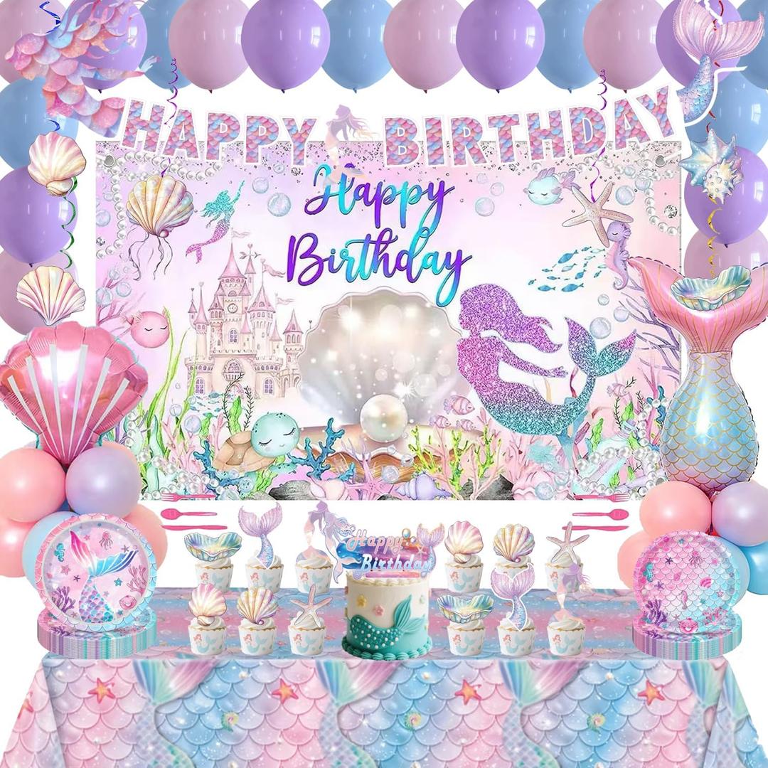 Mermaid Birthday Decorations,Mermaid Party Supplies,includes banners, cake toppers,hanging swirls and background cloth,balloons.