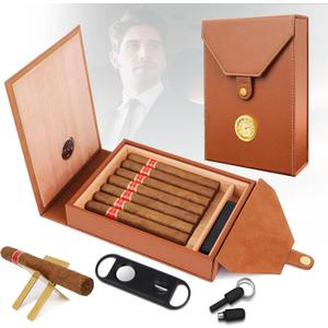 Premium Leather Cigar Humidor Set - Cedar Wood Liner, with Gold Cigar Holder, Embedded Gold Hygrometer, V Cigar Cutter & Punch, Humidifier, Precious Travel Cigar Case for Birthday Gift, Festival (Medium, Brown)