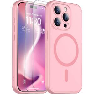 SPIDERCASE for iPhone 15 Pro Case, Magnetic Translucent Matte Case with 2PCS Tempered Glass Screen Protector Slim Phone Case for iPhone 15 Pro 6.1'', Pink