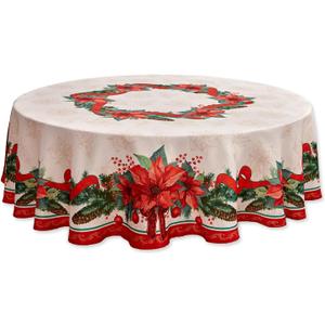 YiHomer Poinsettia Ribbon Engineered Printed Fabric Christmas Tabletop for Xmas Winter Holiday, Christmas Time, Tablecloth, 70" Round