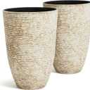 Worth 9 Gallon Tall Round Planters Set of 2-14" Dia x 21" H Stone Finish Flower Pots Indoor Decorative Container Garden Patio Unbreakable Beige