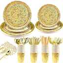 400Pcs Disposable Party Dinnerware Set, Paper Tableware Set, Disposable Party Supplies Happy Birthday Paper Plates, Napkins, Cups, Plastic Forks Knives Spoons Straws Favor for 50 Guests (Golden Glass)