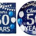 36PCS Happy Birthday Decorations Blue Silver Party Supplies Set Includes Disposable Paper Birthday Plates and Napkins for 50th Decorations