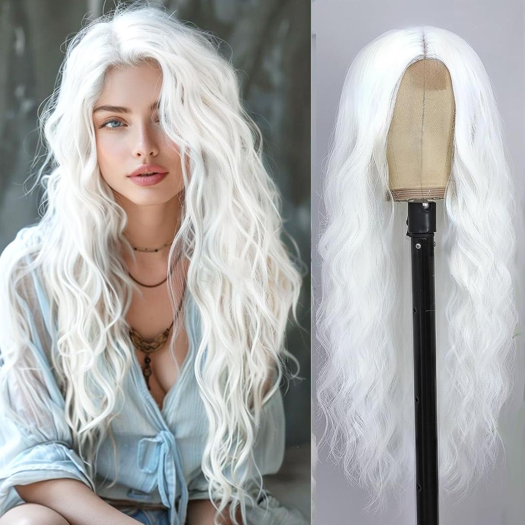 Long White Wig for Women - 26 Inch Wavy Heat Resistant Synthetic Hair for Halloween
