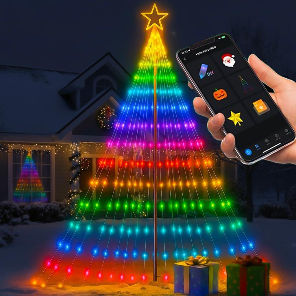 13FT Outdoor Christmas Tree Lights with Sturdy Iron Pole, 522 LED RGB Color Changing, APP and Remote Control, IP65 Waterproof, 85+ Lighting Modes for Yard Holiday Xmas Party Outside Decorations