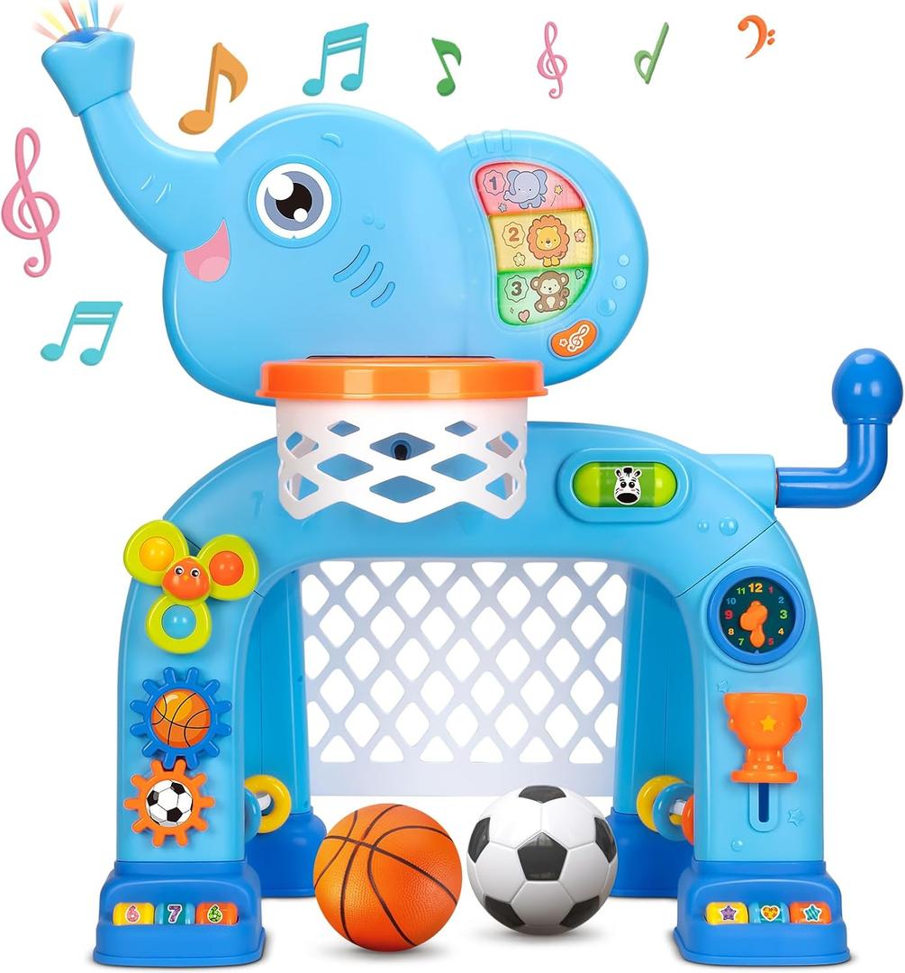 KIZZYEA Toys for 1 2 3 Years Old Boys Girls, Toddler Basketball Hoop & Soccer Goal, Montessori Toy, Interactive Musical Sports Toys with Light, Christmas Birthday Gifts for Baby Kids Age 12-18 Months (Blue)