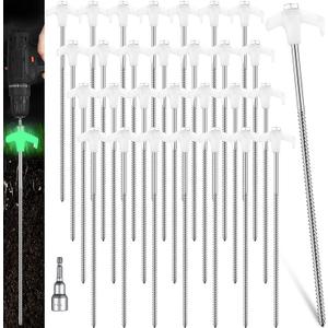 Hicarer 20 Pcs 12 Inch Tent Stakes Screw in Camping Stakes Heavy Duty Metal Spikes Ground Anchor Peg Threaded Tent Spikes with Hex Head Driver for Camping Garden Inflatable (Luminous White)