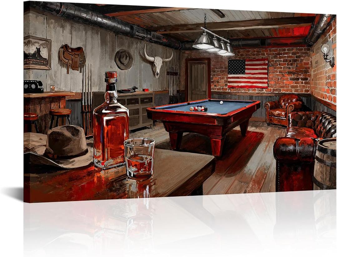 Fochorlo Man Cave Wall Decor Western Wall Art Billiards Painting for Bar Man Room 20"X36"