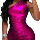 Women's Sexy Metallic Shiny One Shoulder Sleeveless Ruched Bodycon Shorts One Piece Jumpsuit Rompers (Large, 2-rose)