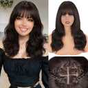 Wig with Bangs for Women Dark Brown Layered Hairstyle 4x4 Realistic Scalp Medium Length Wavy Synthetic Heat Resistant Glueless Hair Wig for Daily Party Use 18 inch