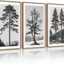 KUVIOKE Vintage Black Gray Forest Wall Art Framed Antique Retro Tree Prints Modern Rustic Artwork Bedroom Living Room Ready to Hang 16x24in (Natural Framed) (24L" x 16W" x 3 Panels Natural)