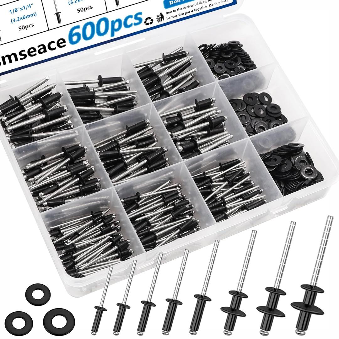 Smseace 600Pcs Stainless Steel Black Pop Rivets with Washer Assortment Kit 8-Sizes Stainless Rivets(1/8Inch 5/32Inch 3/16Inch) for Metal,Furniture,Automotive,Instruments